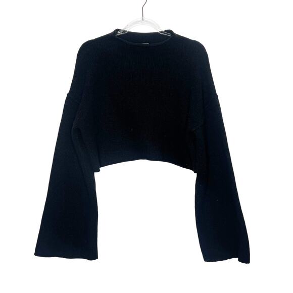 FREE PEOPLE Cropped Sweater High Neck Flared Sleeve Raw Hem Black Womens Size S - Picture 2 of 8